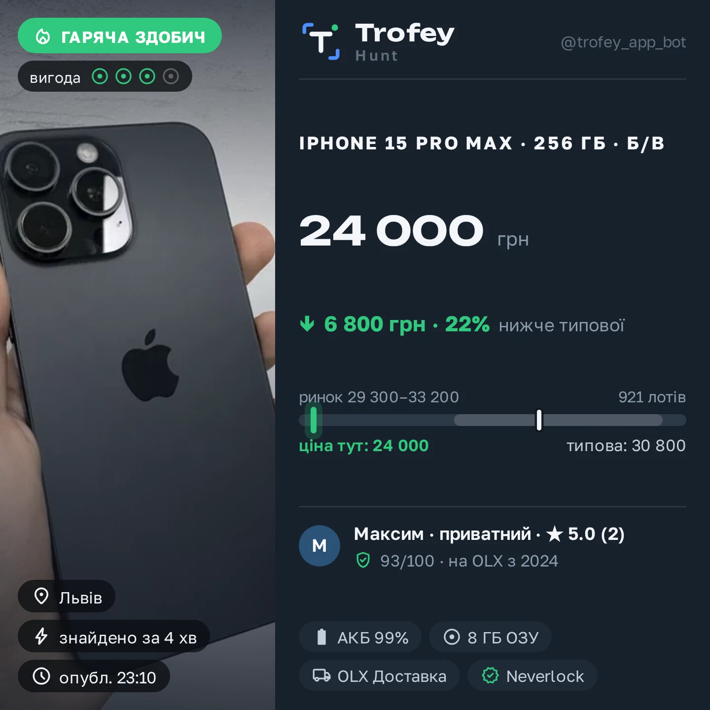 What a Trofey alert looks like: a card with the price, the saving and the market scale